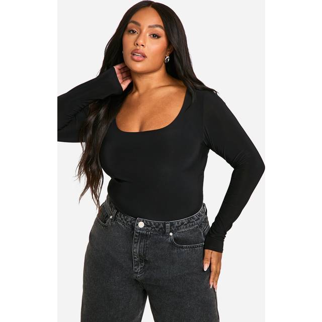 boohoo Women's Basics Plus Double Layer Slinky Scoop Bodysuit in Black | Size: 20