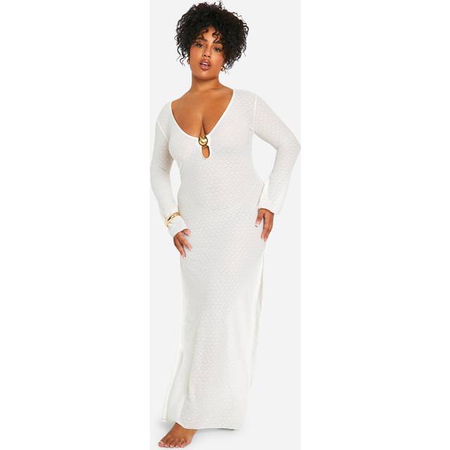 Womens Plus Shell Trim Crinkle Beach Maxi Dress - White - 28, White