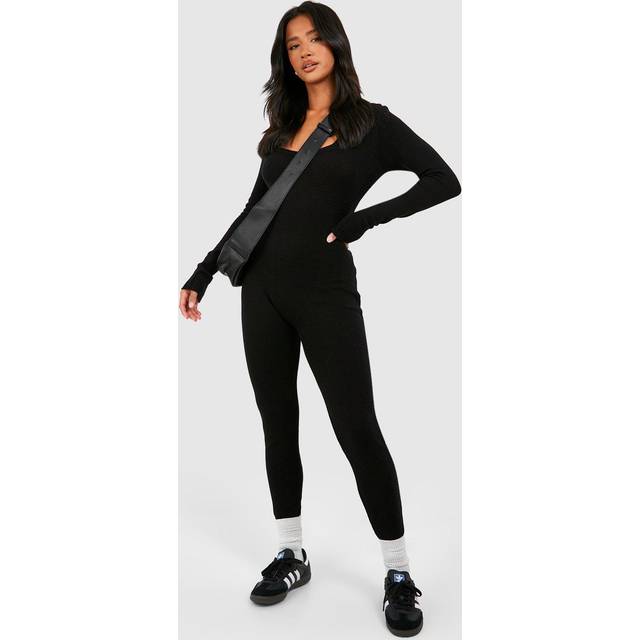 Womens Petite Knit Scoop Neck Jumpsuit - Black - L, Black
