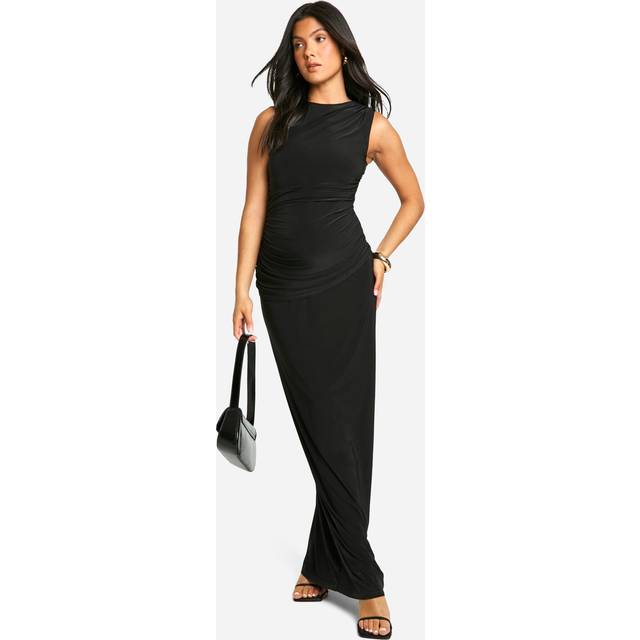 Womens Maternity Slinky Slash Neck Gathered Detail Maxi Dress - Black - 16, Black