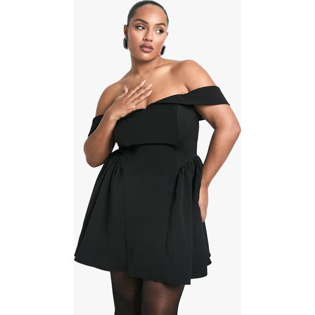Womens Plus Off The Shoulder Pleated Skater Dress - Black - 28, Black
