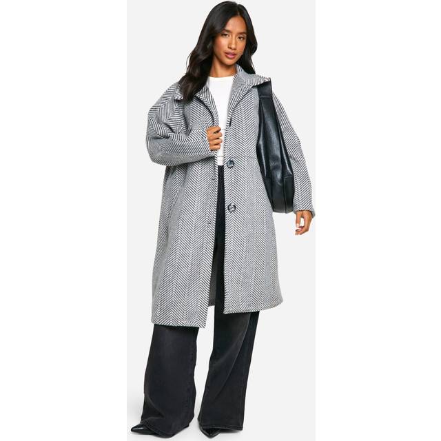 Womens Petite Herringbone Check Longline Wool Look Coat - Black - 8, Black