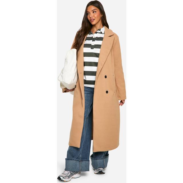 Womens Oversized Shoulder Pad Wool Look Coat - Beige - 14