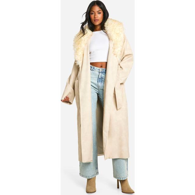 Womens Tall Faux Fur Collar Vintage Look Faux Leather Trench Coat - Beige - 12