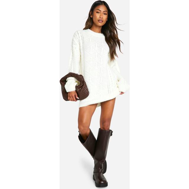 Womens Brushed Knit Cable Detail Slouchy Jumper Dress - White - M, White