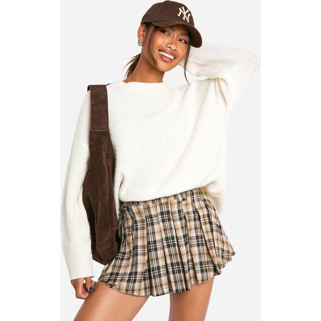Womens Check Pleat Mini Skirt - Sand - 12