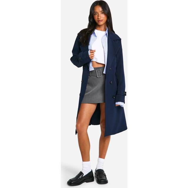 Womens Petite Button Detail Belted Trench Coat - Navy - 8, Navy