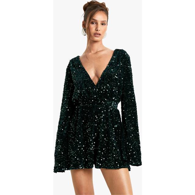 Womens Sequin Flare Sleeve Open Back Playsuit - Green - 14, Green