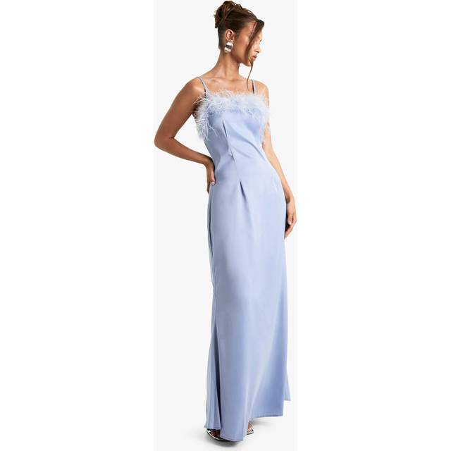 Womens Feather Trim Satin Maxi Slip Dress - Blue - 18, Blue