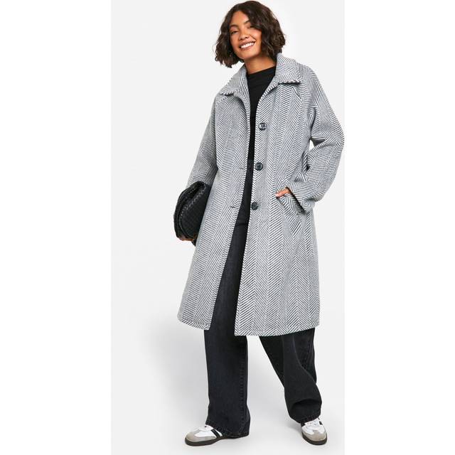 Womens Tall Herringbone Check Longline Wool Look Coat - Black - 14, Black