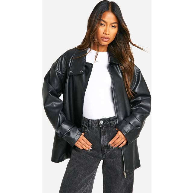 Womens Short Faux Leather Trench Coat - Black - 14