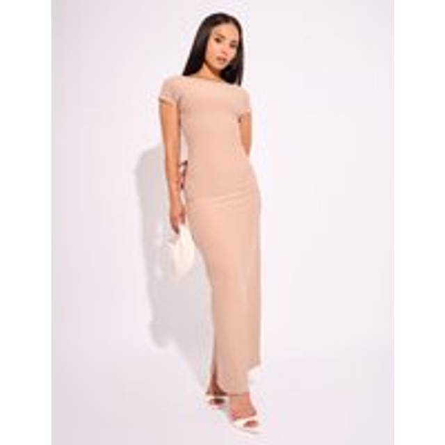 Slinky Open Back Detail Luxe Maxi Dress Stone - stone