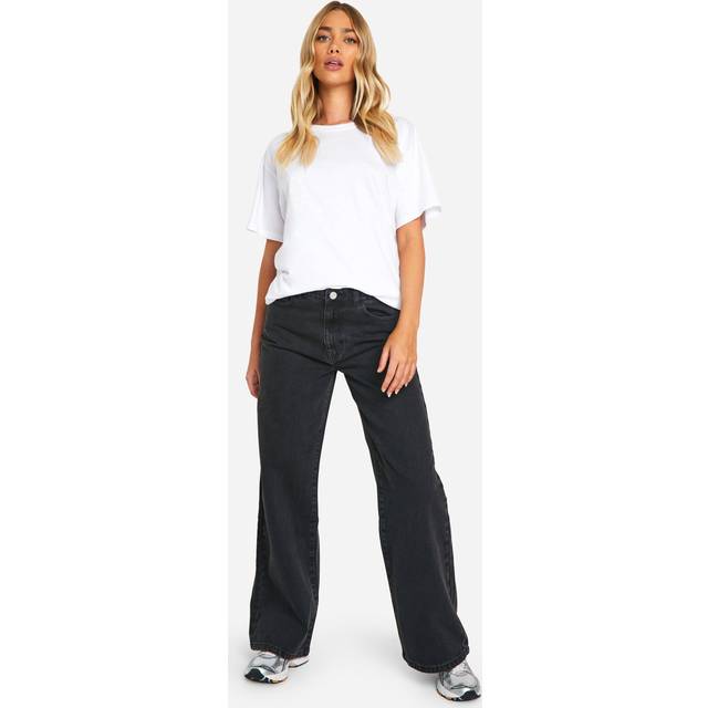 Womens Boohoo Basics 32 Inch Leg High Waisted Wide Leg Jeans in Washed Black - 16