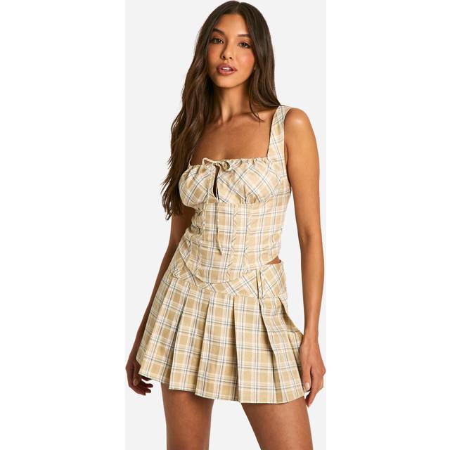 Womens Tonal Check Pleated Micro Mini Skirt - Beige - 8, Beige
