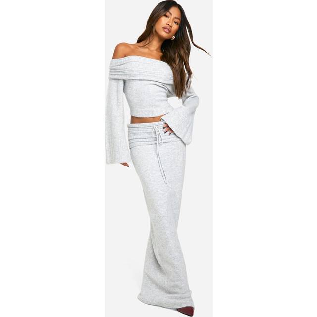 Womens Rib Edge Lace Up Knitted Maxi Skirt - Grey - M