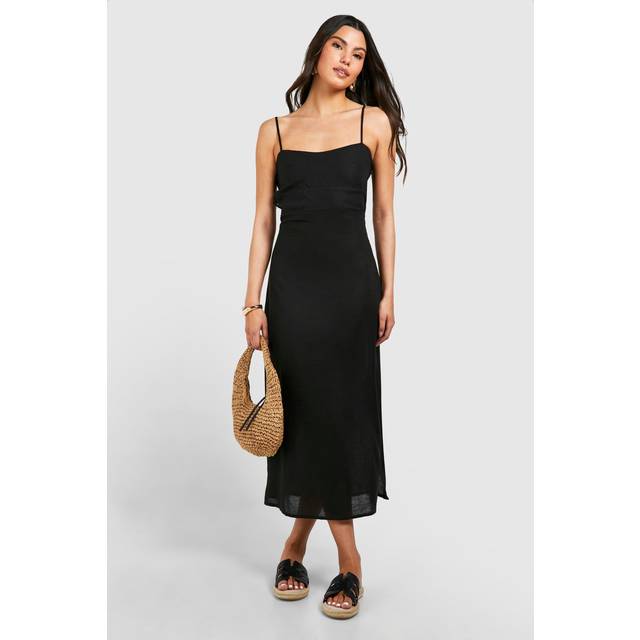 Womens Linen Look Strap Detail Maxi Dress - Black - 18