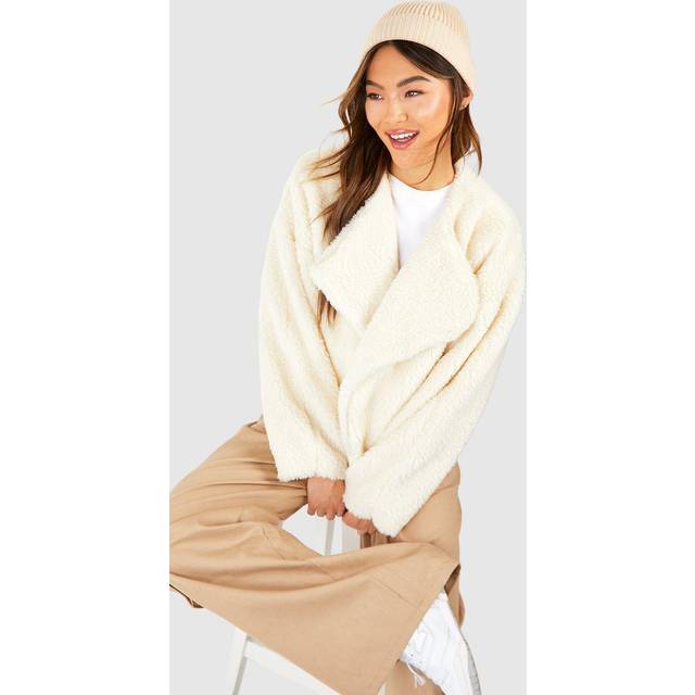 Womens Teddy Waterfall Collar Coat - Cream - 14, Cream