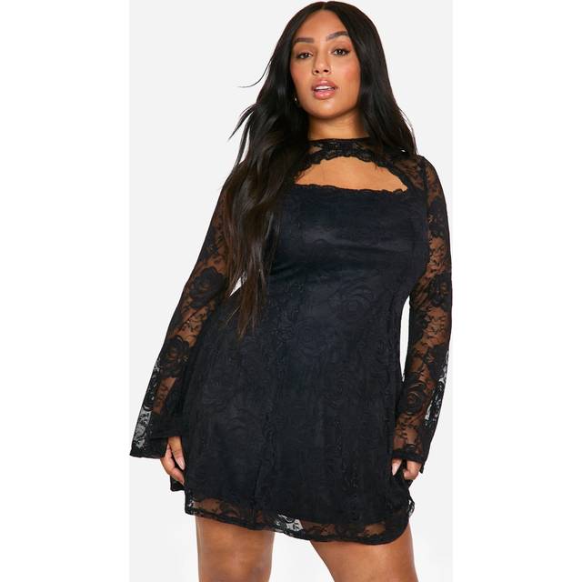 Womens Plus Lace Flared Sleeve Skater Dress - Black - 18