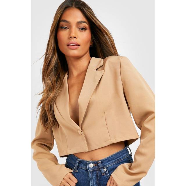 Womens Basic Woven Relaxed Fit Crop Blazer - Camel - 16