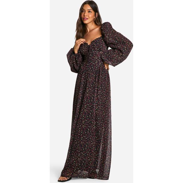 Womens Chiffon Cherry Print Puff Sleeve Milkmaid Maxi Dress - Black - 8, Black