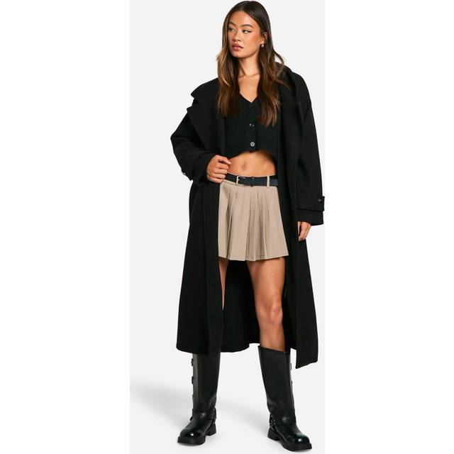 Womens Petite Oversized Wool Look Longline Belted Trench Coat - Black - 8