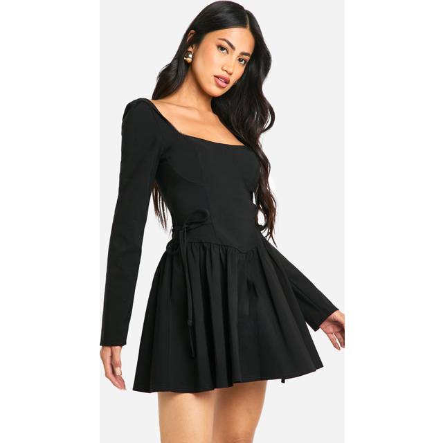 Womens Long Sleeve Tie Waist Skater Mini Dress - Black - 8
