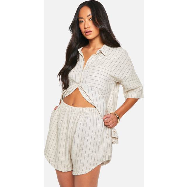 Womens Linen Look Stripe Relaxed Fit Shorts - Beige - S, Beige