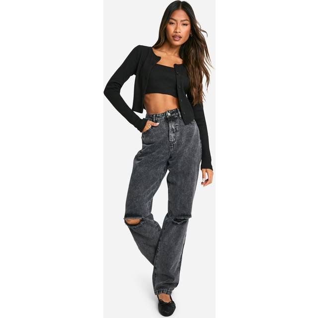 Womens Boohoo Basics Ripped Knee Straight Leg Jeans - Black - 16/32L