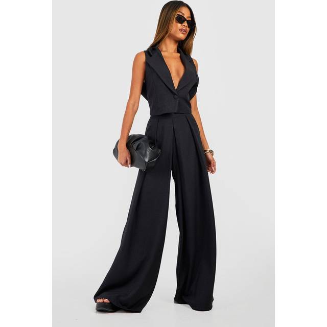 Womens Linen Look Pleat Front Wide Leg Tailored Trousers - Black - 16