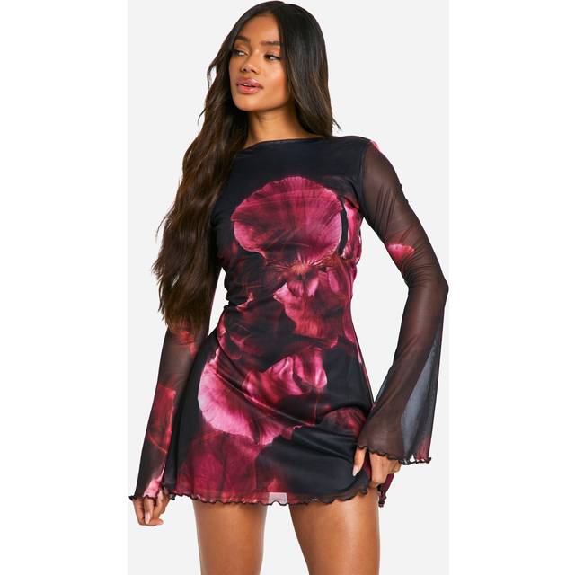 Womens Blur Floral Mesh Flare Sleeve Mini Dress - Black - 10