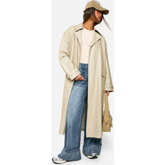 Womens Vintage Look Faux Leather Trench Coat - Beige - 16