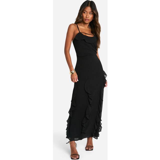 Womens Ruffle Cowl Strappy Maxi Dress - Black - 16, Black