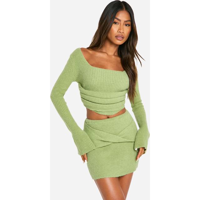 Womens Rib Knit Corset Detail Top & Mini Skirt Co-Ord - Green - L, Green