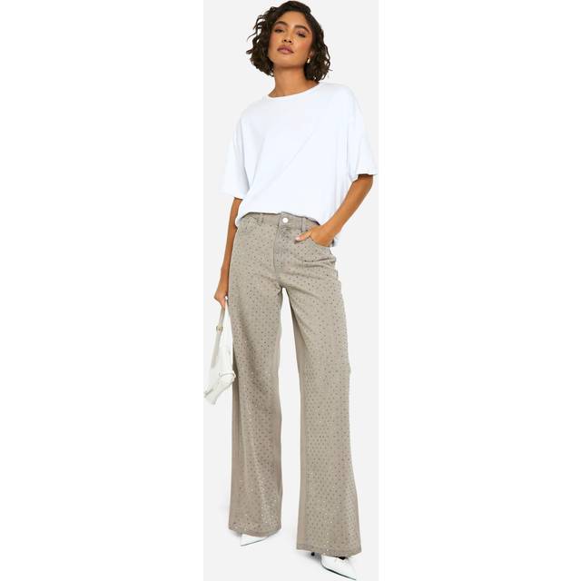 Womens Tall Diamante Embellished Wide Leg Jean - Grey - 16, Grey