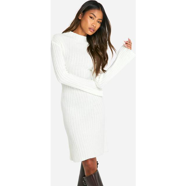 Womens Mixed Rib Flared Sleeve Knitted Mini Dress - White - S, White