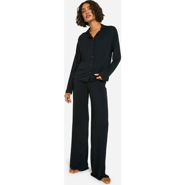 Womens Tall Long Sleeve Shirt & Trousers Pyjama Set - Black - 12
