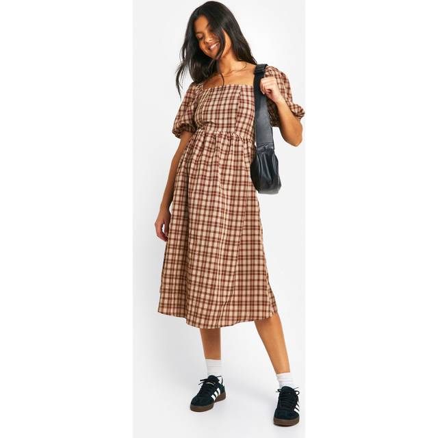 Womens Maternity Checked Midi Smock Dress - Brown - 10, Brown