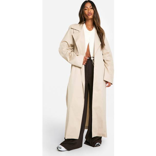 Womens Shoulder Pad Maxi Belted Trench Coat - Beige - 16