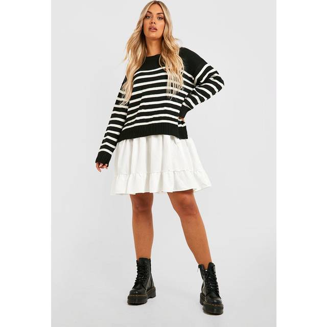 Womens Plus Knitted Stripe Jumper 2 In 1 Shirt Dress - Black - 24-26, Black