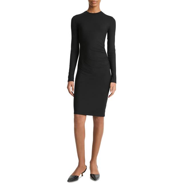 Long-Sleeve Ruched Crewneck Dress - BLACK - X-Large
