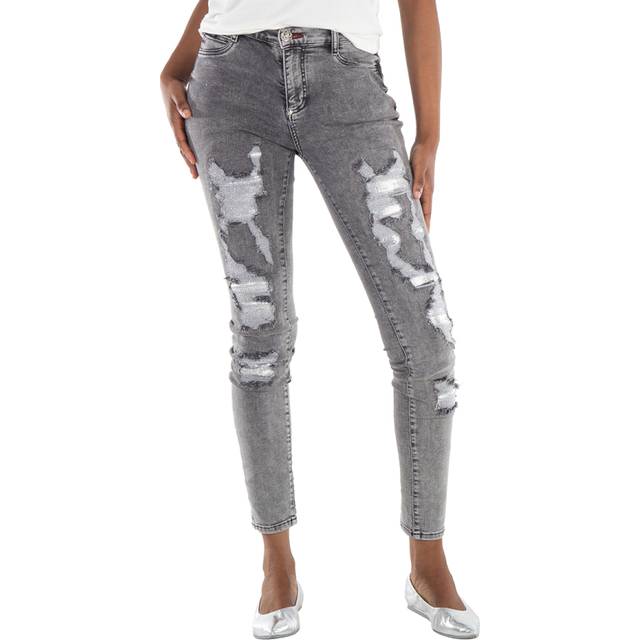 Philipp Plein Destroyed High-Waist Denim Jeggings - Blue