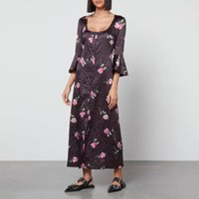 GANNI Black 3/4 Sleeve Crinkled Satin Long Maxi Dress Size 6 Women's