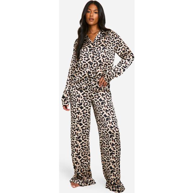 Womens Tall Leopard Print Satin Long Sleeve Shirt & Trousers Pyjama Set - Multi - 16