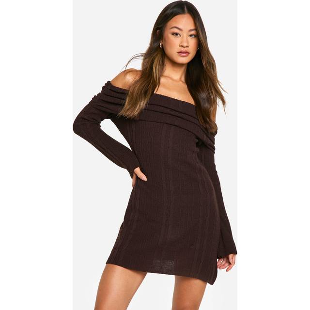 Womens Tall Bardot Cable Knit Skater Dress - Brown - S, Brown
