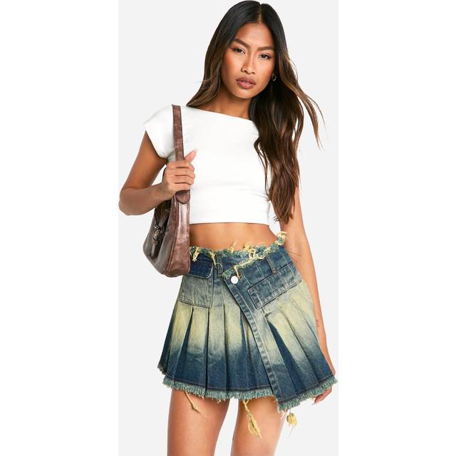 Womens Distressed Hem Denim Tennis Skirt - Blue - 12