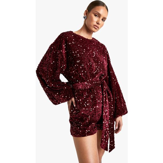 Womens Sequin Extreme Sleeve Belted Playsuit - Red - 8, Red