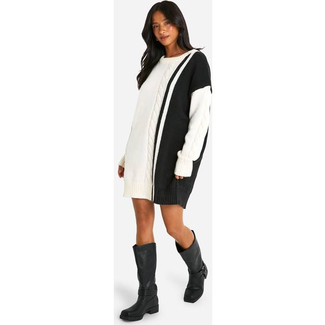 Womens Petite Cable Knit Panel Detail Jumper Dress - White - S