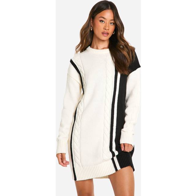 Womens Tall Cable Knit Panel Detail Jumper Dress - White - XS