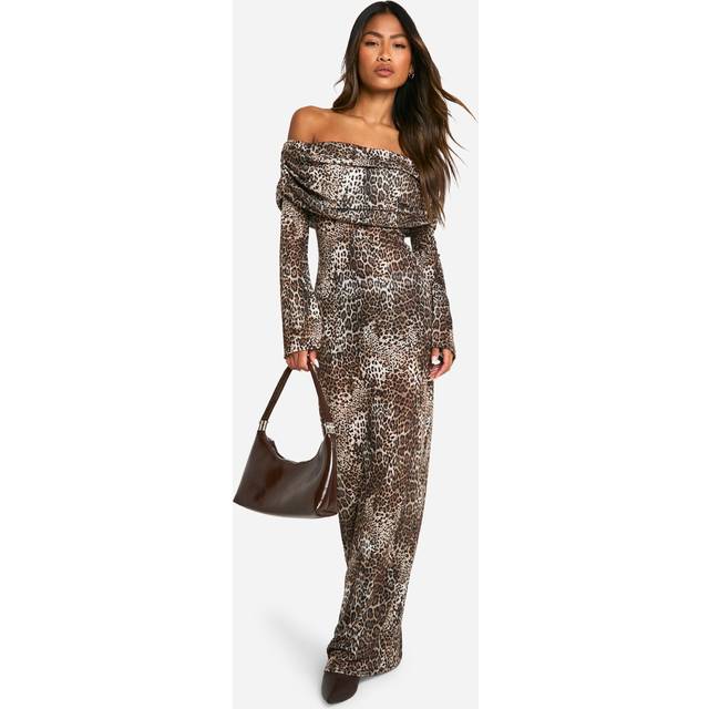 Womens Animal Rib Knit Slouchy Bardot Maxi Dress - Brown - 14