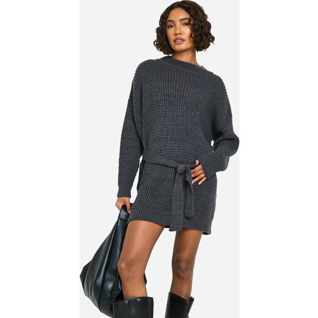 Womens Tall Belted Knitted Jumper Dress - Grey - S, Grey